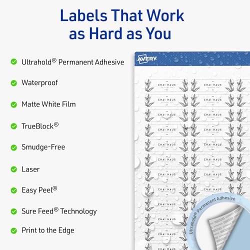 Avery® Outdoor Waterproof Rectangle Labels, Sure Feed® Technology, 0.5" x 1.75", White Film, Print-to-the-Edge, Compatible with Laser Printers, 6000 Labels Total