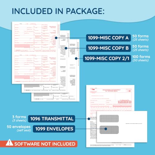 Blue Summit Supplies 1099 MISC 2026 Tax Forms Kit, 50 Pk, 4 Part, Envelopes