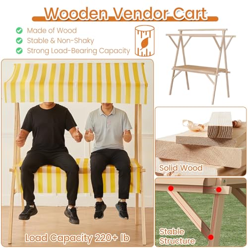 JYHHCYS Portable Food Cart with Striped Canopy, Heavy Duty Mobile Mobile Vendor Stand with Wheels, Commercial Wooden Market Display Stand for Selling Snacks/Sweets/Toys(Green,Small)