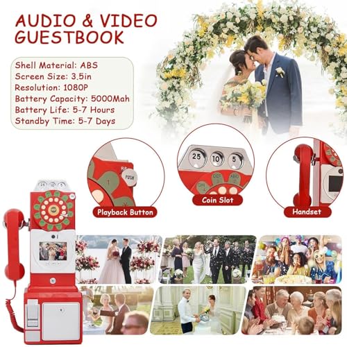 AUTUMFLATGAO Audio Guest Book & Video Guest Book, 1080p Wedding Phone Message Recorder with 64GB, Audio Guestbook Phone with Screen, Wedding Phone Guest Book for Party Reception Red