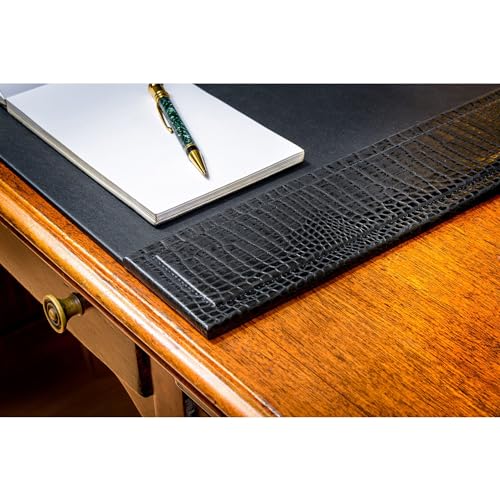 Dacasso 25.5” x 17.25” Black Crocodile Embossed Luxury Leather Desk Pad w/Side Rails - Executive Desk Surface Protector - Blotter for Writing