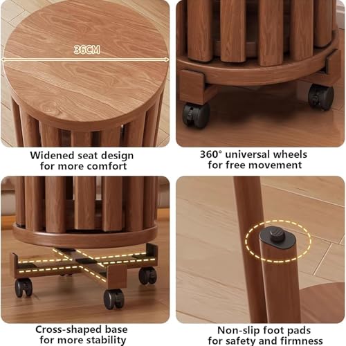 Acivirdde Solid Wood Side Table with Wheels, Round Stacking Stool Set, Multifunctional Combination Table and Chairs (Walnut)