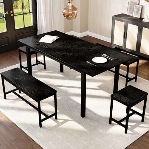 MegaChoice Dining Table Set for 4-6 People, Extendable Kitchen Table Set with 2 Benches and 2 Stools,63 Inch Dining Table Set for Small Space,Black