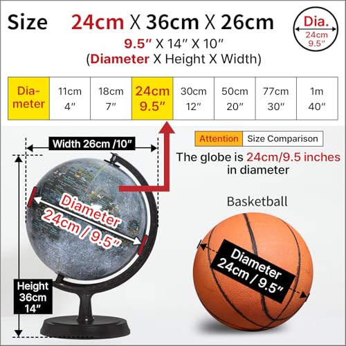 Mapsoft Explorer Gray Moon Globe, 24cm/9.5", M-24, Lunar Globe, Moon Map, Lunar Map, Moon Atlas, Lunar Atlas