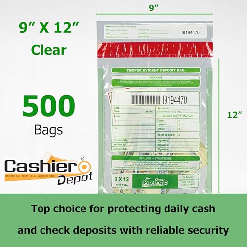 500 Cashier Depot Tamper Evident Bank Deposit Bags, 9" x 12" Clear, 500 Count, Serialized Numbering with Barcode, Press and Seal Void Closure, Perforated Receipt, Made in USA