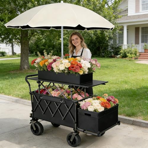 Farmers Market Cart with Umbrella, Storage Bins and Wheels