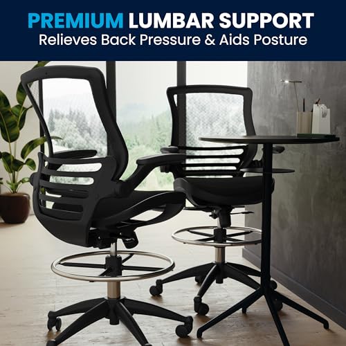 BizChair Mid-Back Transparent Black Mesh Drafting Chair with Black Frame and Flip-Up Arms