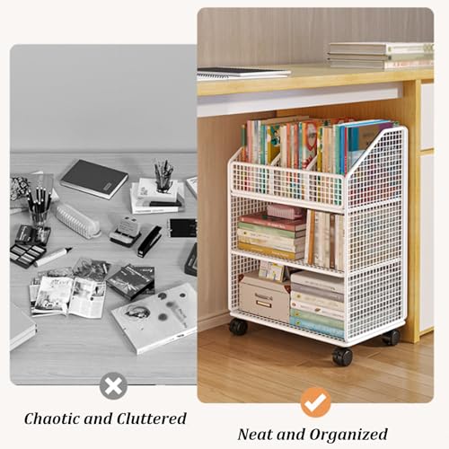 Rolling Book Cart with Wheels, 3 Tier Metal Movable Storage Bookshelves, Narrow Clear File Folder Organizer Cart, Multifunctional Storage Rack for Office School Bedroom(White)