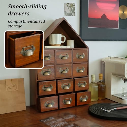 Vintage 12 Drawer Desktop Organizer, Apothecary Cabinet with Metal Handles, Vintage Library Card Catalog Cabinets with Drawers for Tea Crafts Cosmetics Office Supplies