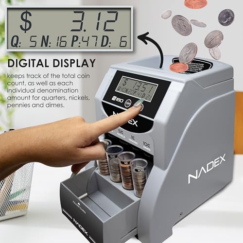 Nadex S180 Digital Coin Counter, Sorter,and Wrapper - Automatically Sorts and Counts Coin Batches, Stops on Full Coin Rolls