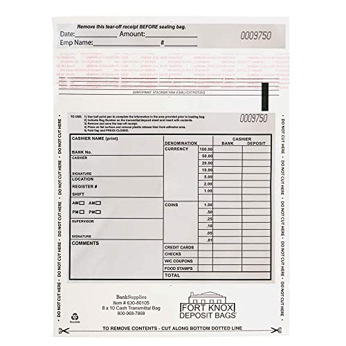 BankSupplies Clear Cash Deposit Bags 8W x 10H 500 Pack Tamper Evident Peel Write-on Panel Perforated Bottom Matching Serial Number and Barcode Deposit Plastic Bags