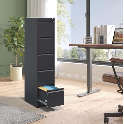 LOONGYOON 5 Drawer Vertical Metal File Cabinet with Lock Steel Versatile Filing Organization Storage Cabinets for A4 Legal/Letter Size Home Office Assembly Required Anti-Tilting Waterproof Black