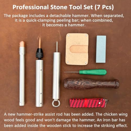 Flint Knapping Tool Kit, 7-piece Stone Shaping Set With 7075 Aluminum Handle, T2 Copper Bopper, Quick Clamp Flaker And Split Hammer For Obsidian Flint Chert