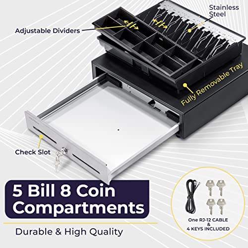 Volcora 16" Manual Push Open Cash Register Drawer for Point of Sale (POS) System - Black and Stainless Steel Front Touch Panel - Durable Cash Drawer with Removable Tray, 5 Bills and 8 Coin Slots