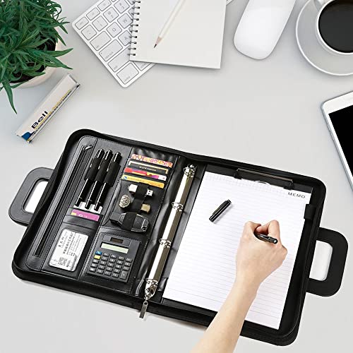 GFHSKRPL Business Portfolio Retractable Handle Portfolio Folder Pu Leather Zipper Binder with Calculator Notbook Organizer(E)