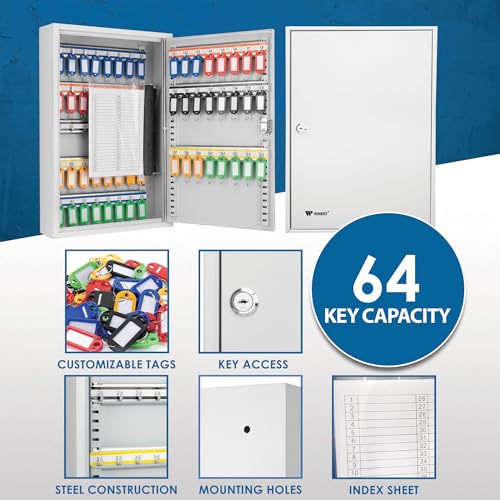 winbest 64 Position Key Lock Box – Wall Mount Steel Key Cabinet with Adjustable Numbered Hooks, Index Log, Colored Key Tags for Home or Office