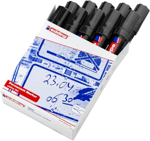 edding 390 permanent marker - zwart - 10 stiften - dikke beitelpunt 4-12 mm - watervast, sneldrogend - permanent marker voor gemakkelijke eenhandsbediening - voor karton, kunststof, hout, metaal, glas