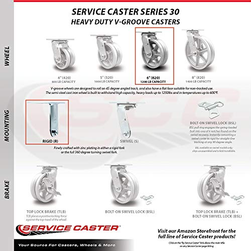 Heavy Duty Swivel Caster Set of 4 with 6 Inch V Groove Semi Steel Wheels and Ball Bearings - Includes 2 Swivel with Bolt on Swivel Locks and 2 Rigid - 4,800 lbs. Total Capacity - Service Caster Brand