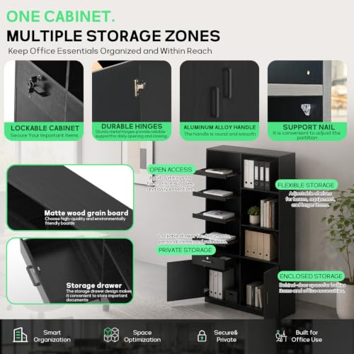 Vertical File Cabinet with Lock, 4 Slide-Out Trays & Adjustable Shelves