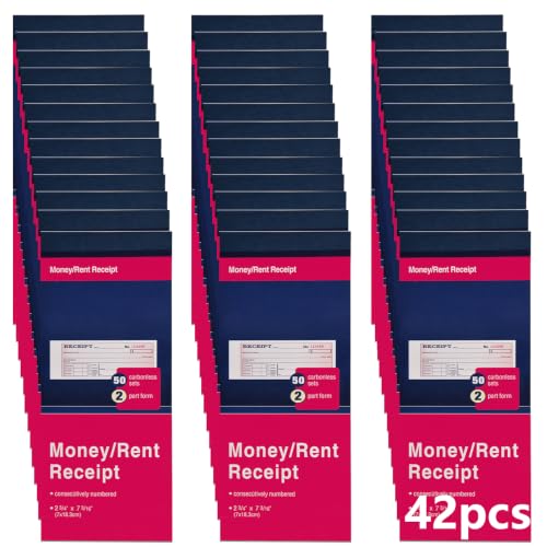 42 Pack Receipt Book with Carbon Copies, Money and Rent Receipt Book 2 Part Carbonless, 2-3/4" x 6-1/2" Receipt Book for Small Business, 50 Sets per Book
