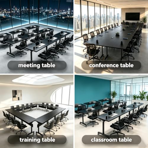 Modern Conference Table, Folding Conference Table with Wheels, Flip Top Mobile Meeting Table, Modular Seminar Training Room Table for Classroom,Seminar,Training Room,Black,47IN,2