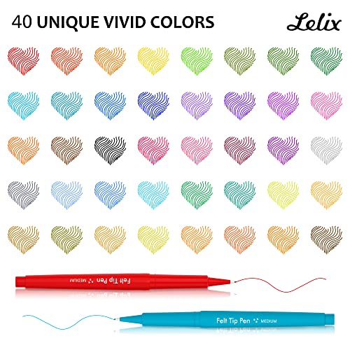 Lelix 40 Colors Felt Tip Pens, Medium Point Felt Pens, Assorted Colors Markers Pens For Journaling, Writing, Note Taking, Planner Coloring, Perfect as Art Office and School Supplies