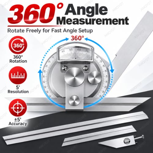 Universal Bevel Protractor, Universal Bevel Protractor with 5 Arc-Minute Scale, Magnifying Lens, Fine Adjustment and 150/200/300mm Rulers for Internal External Angle Measurement