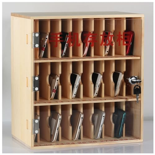 Wooden Cell Phone Holder Cell Phone Storage Cabinet, Mobile Phone Management Storage Box Desktop Organizer, Pocket Chart Storage Cabinet with Door Locks and Keys, for Classroom School Conference