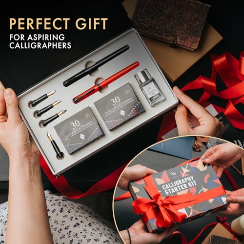 Wordsworth & Black Calligraphy Kit for Beginners, 2 Ink Pens, 5 Nibs, Black