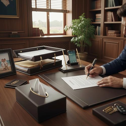 RitPin Leather Desk Set, 13-Piece All-in-One – Executive Desk Accessories & Office Supplies,Desk Organizer with Desk Pad & Blotter, 2-Tier Letter Tray, Luxury Office Desk Decor & Boss Gifts (Brown)