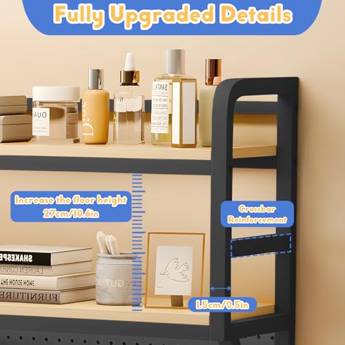 RNQZ 2 Tier Desktop Bookshelf,Metal Storage Office Desktop Organizer Shelf with Pegboard, Storage Display Rack for Office, Dormitory, Home,Black,130cm