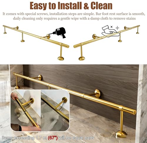 3 4 5 6 7 ft Extra-long Customizable Bar Foot Rail, Heavy Duty Coffee Shop Counter Footrest Hardware, Brushed Gold Home Bar Foot Rail(87cm/2.9ft)