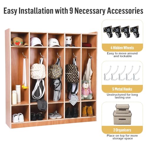 Towallmark 5-Section Coat Locker with Wheels, Wooden Storage Cabinet Cassroom Storage Glazed Surface Cubby, Mobile Storage, Anti-Tip Kit, 5 Hooks & 10 Cubbies for Office Home School