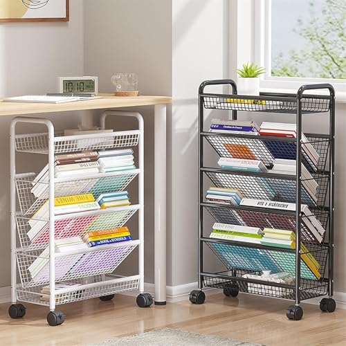 NUHSLF Rolling Book Cart, Mobile Bookshelf with Wheels, Compact Desk Storage Organizer Trolley, Floor Standing Metal Bookshelves/Corner Display She(Black-5 Tier)