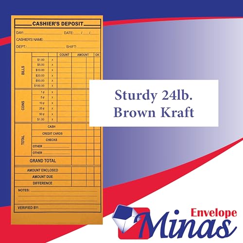 500 Minas Envelope Cashier Deposit Report Envelopes, 4 1/8" x 9 1/2", Sturdy 24lb. Kraft Paper, Cash Drop Envelope with Gum Flap for Hotels, Small Businesses, Retailers, Restaurants