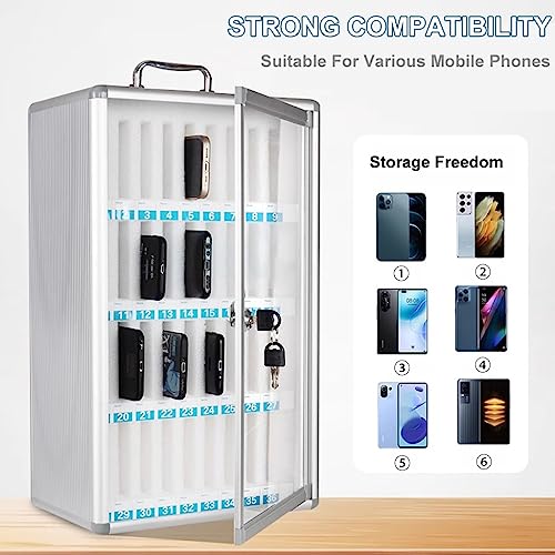 12/24/36/48/60 Slots Cell Phones Storage Cabinet Aluminum Alloy Pocket Chart Storage Locker Box Wall-Mounted Phones Desktop Organizer Box With A Lock For Classroom Office ( Color : Silver , Size : 36
