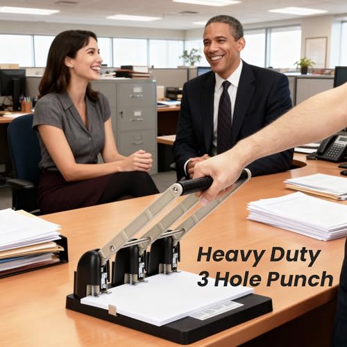 Heavy Duty 3 Hole Punch, Labor-Saving Handle, Punches up to 150 Sheets of Paper for Schools, Print Stores and Corporations, for Binders with Ergonomic