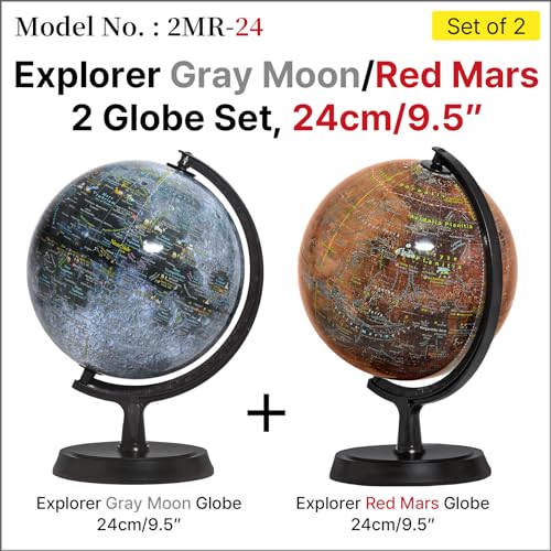 Mapsoft Explorer Gray Moon/Red Mars 2 Globe Set, 24cm/9.5" Lunar & Mars Globes