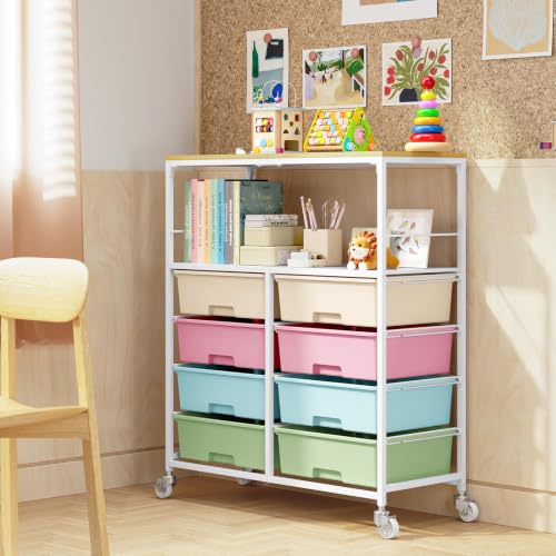 APEXCHASER Rolling Storage Cart with 8 Large Drawers,Wooden Tabletop