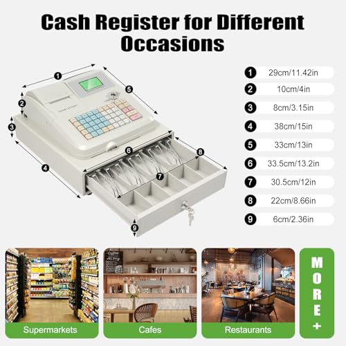 Cash Register with Drawer 48 Keys, Cash Registers Cash Register POS Cash Machine Flat Keyboard Box 8-Digital LED for Catering Supermarkets Clothing Stores Hamburger
