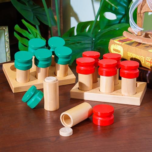 Montessori Smelling Bottles Empty - 6 Pair Set Beechwood, Montessori Sensorial Materials for Kids, Olfactory Sensory Toys for Homeschool Preschool, Wooden Smell Jars with Guide for Natural Scents