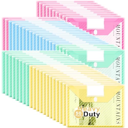 WORPSON 50 Pack, Plastic Envelopes File Folders, HeavyDuty Document Folder for Letter and A4 Size, Clear Document Holder with Label Pockets for School Home Work Office Organizer (50)