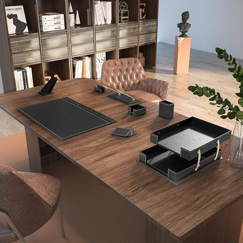 MOOGCO 12-Piece Leather Desk Set — Desk Pad 23.2" x 15.4", Double Document Tray, Pen Holder — Desk Organizer Set for Home Office & Executive Desk Accessories
