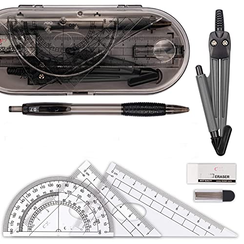 DUHTFCY Geometry Set Math Geometry Kit Set Student Supplies with Shatterproof Storage Box for Engineering Drawing Compass Protractor Ruler