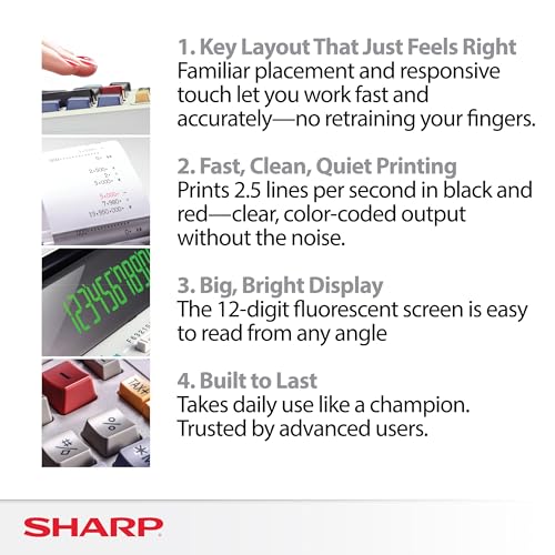 Sharp EL-1801V Ink Printing Calculator, 12-Digit LCD, AC Powered, Off-White, Ideal for Business & Office Use, Easy-to-Read Display & Durable Design