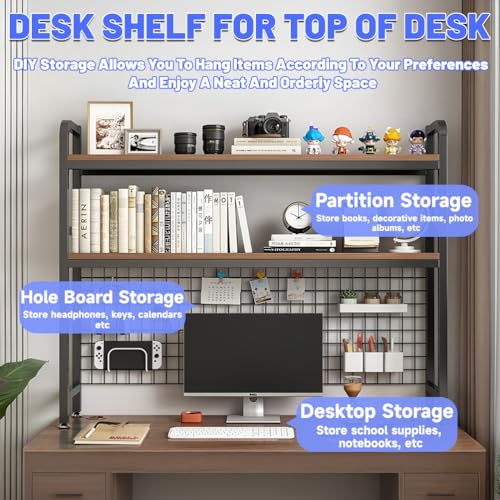 Desktop Bookshelf for Computer Desk, 1~2-Tier Multipurpose Wood Hutch Bookcase Organizer, Countertop Storage Hutch with Grid Panel, Desk Shelves for Office Home Dorm,Black 1tier 21in