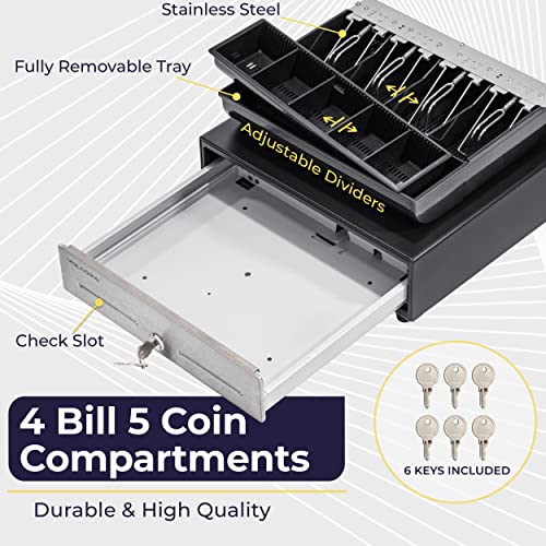 Volcora 13" Manual Push Open Cash Register Drawer for Point of Sale (POS) System - Black with Stainless Steel Front Touch Panel - with 4 Bills and 5 Coin Slots, Fully Removable Money Tray