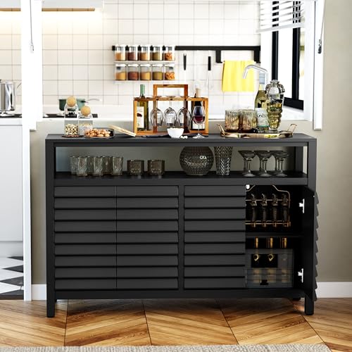 Home Office & Farmhouse Credenza Cabinet with Decorative Louvered Doors – 4-Door Accent Cabinet for Dining Room, Living Room, Kitchen, Hallway, or Entryway – Buffet Sideboard (Black)