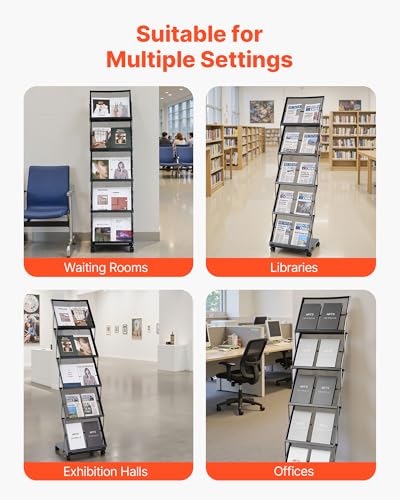 VEVOR Brochure Display Rack, Foldable 5 Pockets Magazine Literature Display Stand, Movable Floor Standing Magazine Rack with Wheels, Metal Newspaper Catalog Holders for Shop Exhibitions Office Show