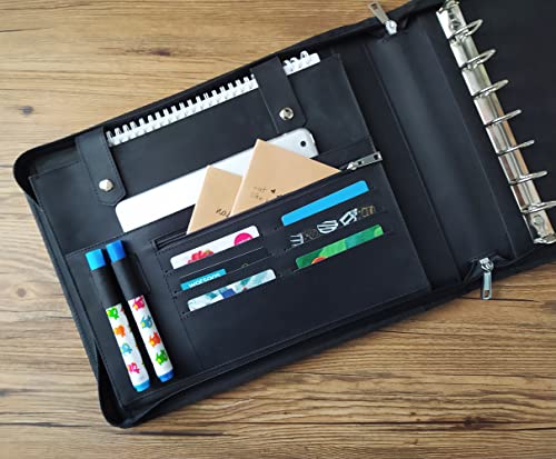 7-Ring Zippered Checkbook Binder for Business Checks - Premium Leather Portfolio Holds 600 Checks (9"x13") - Personalized Name/Logo for Men & Women